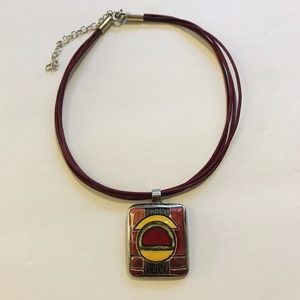 Sterling Silver Charm Pendant Artist Signed Clay Glazed Geometric Red Leather